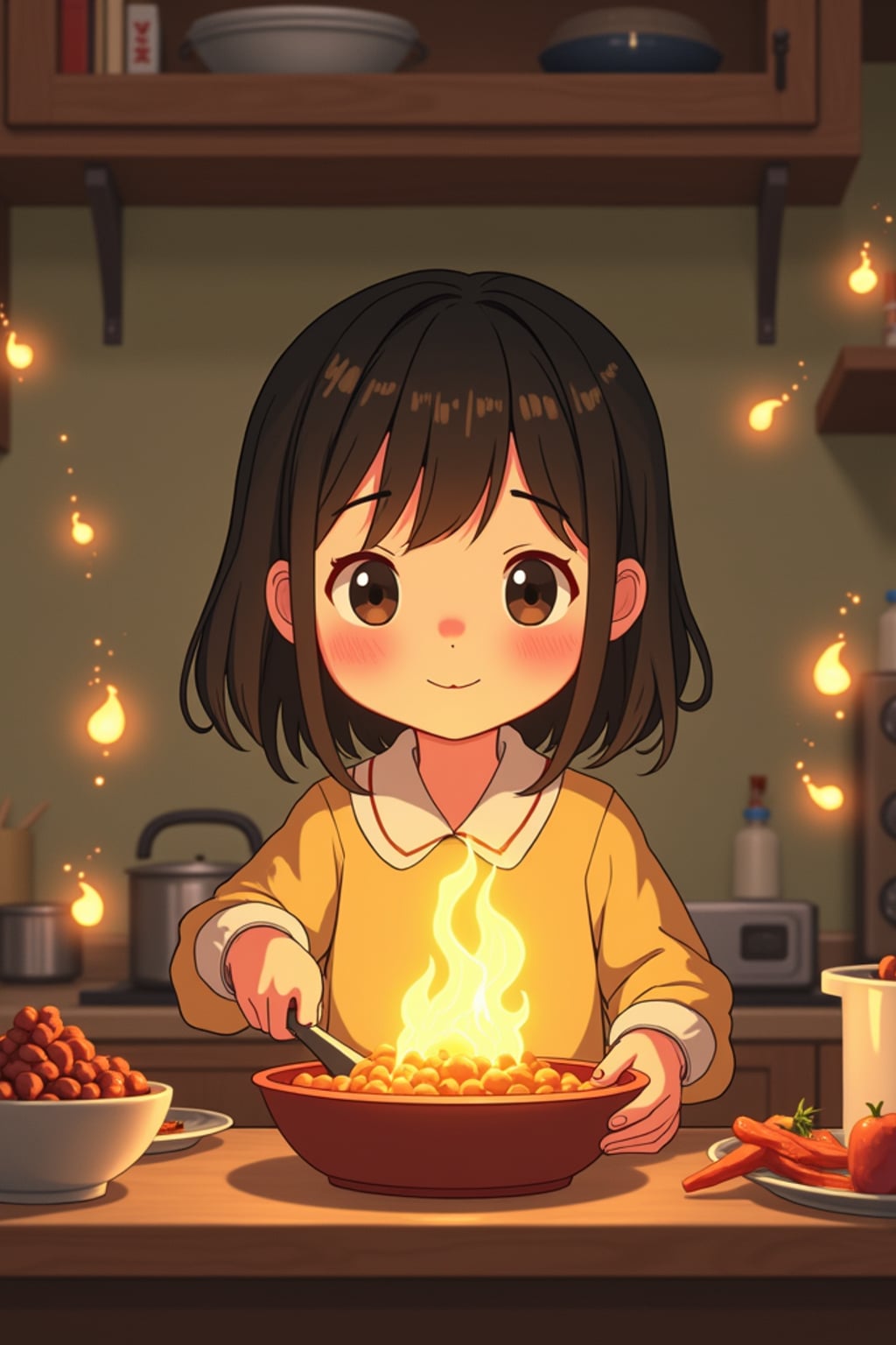 A heartwarming line art anime-inspired portrait in a cozy kitchen, wearing  comfortable home clothes, cooking magical food that glows and floats. The kitchen is filled with animated cooking tools and helpful spirits. The style is warm like a line art anime film.