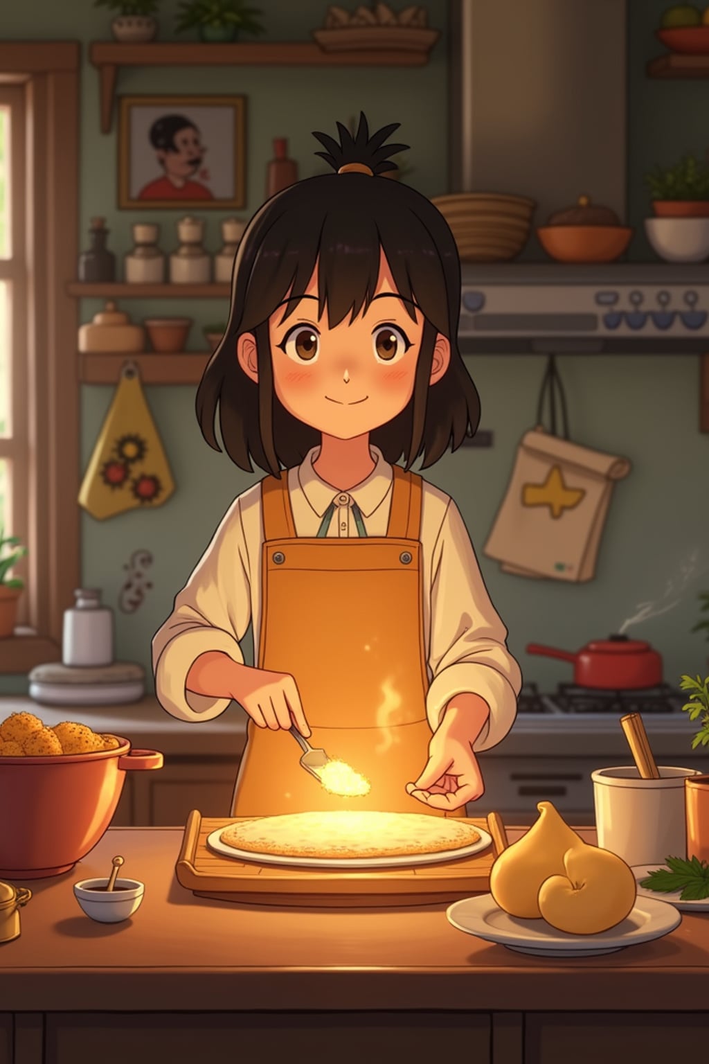 A heartwarming line art anime-inspired portrait in a cozy kitchen, wearing  comfortable home clothes, cooking magical food that glows and floats. The kitchen is filled with animated cooking tools and helpful spirits. The style is warm like a line art anime film.