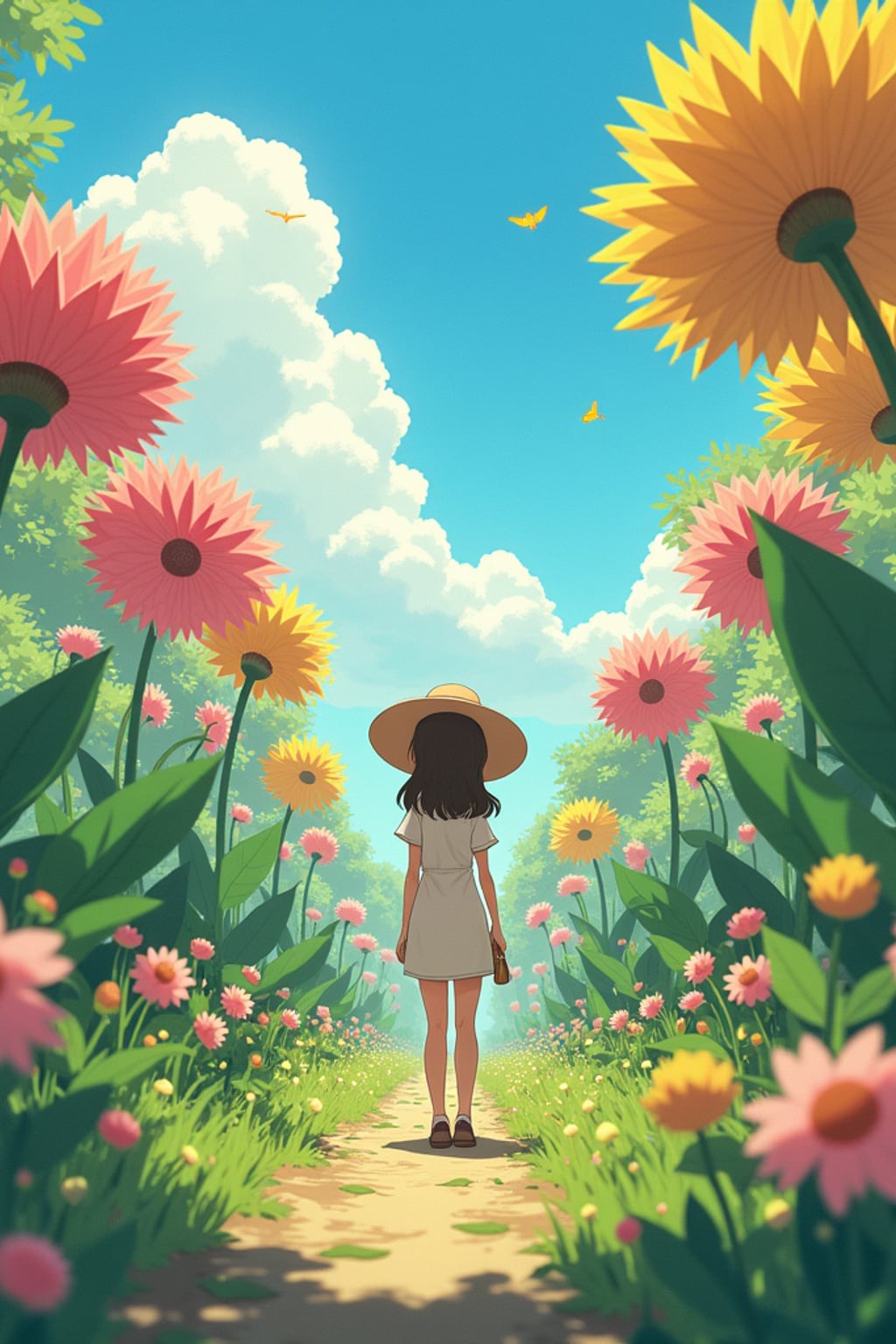A line art anime-style anime scene in a magical garden, the character wearing  light gardening clothes with a sunhat, surrounded by giant flowers and tiny garden spirits. The garden feels alive with magic. The style is peaceful like a line art anime film.