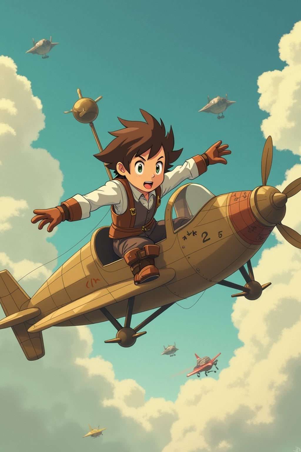 A gentle line art anime-inspired portrait aboard a flying machine, the character wearing  an inventor's outfit with leather gloves, soaring through clouds. The sky is filled with fantastic flying contraptions. The style is adventurous like a line art anime film.