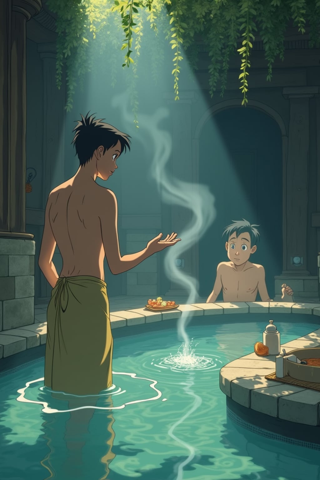 A line art anime-style anime scene at a mystical bathhouse, the character wearing  simple bathhouse worker clothes, helping spirit customers. Steam and magic fill the air. The style is enchanting like a line art anime film.