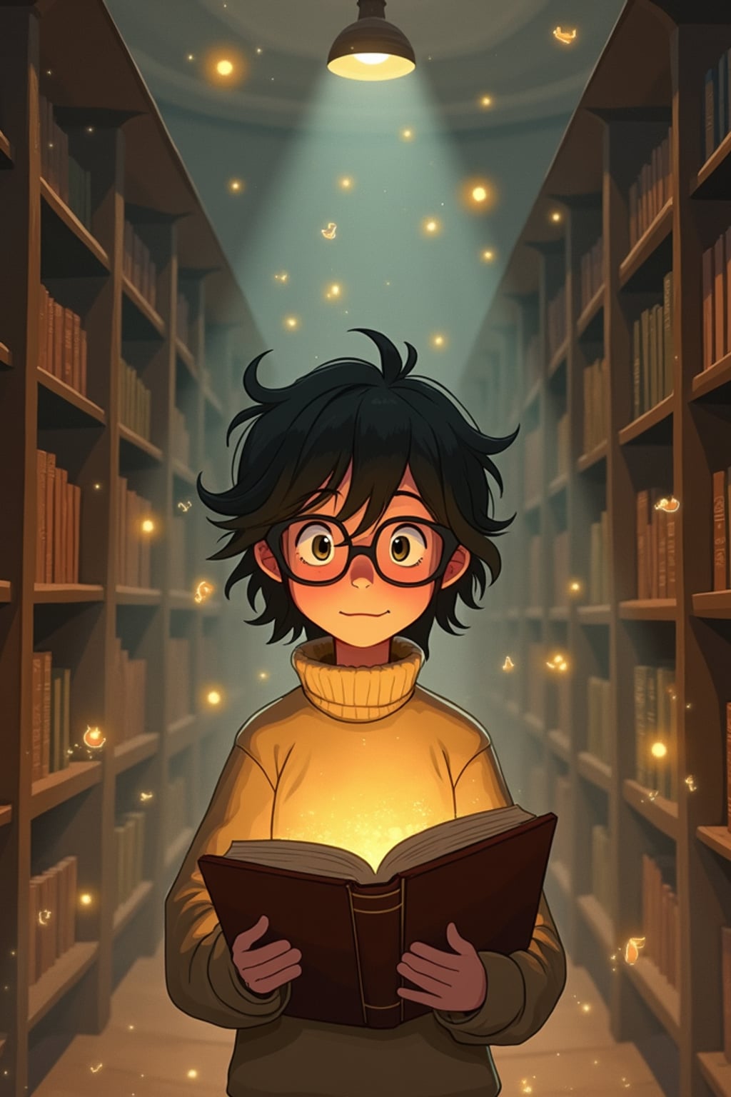 A cozy line art anime-inspired portrait in a magical library, the character wearing  a comfortable sweater and reading glasses, surrounded by floating books and dust spirits. The library has endless shelves and warm lighting. The style is warm like a line art anime film.