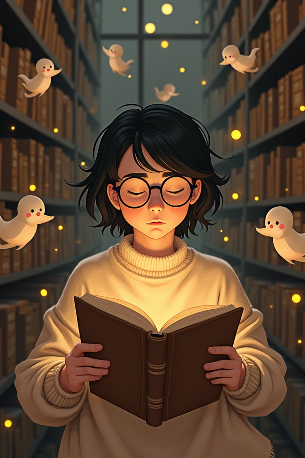 A cozy line art anime-inspired portrait in a magical library, the character wearing  a comfortable sweater and reading glasses, surrounded by floating books and dust spirits. The library has endless shelves and warm lighting. The style is warm like a line art anime film.