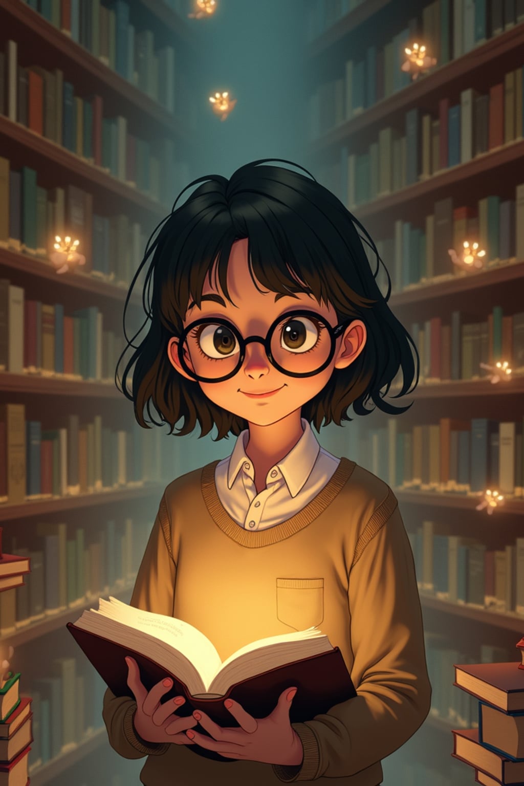A cozy line art anime-inspired portrait in a magical library, the character wearing  a comfortable sweater and reading glasses, surrounded by floating books and dust spirits. The library has endless shelves and warm lighting. The style is warm like a line art anime film.