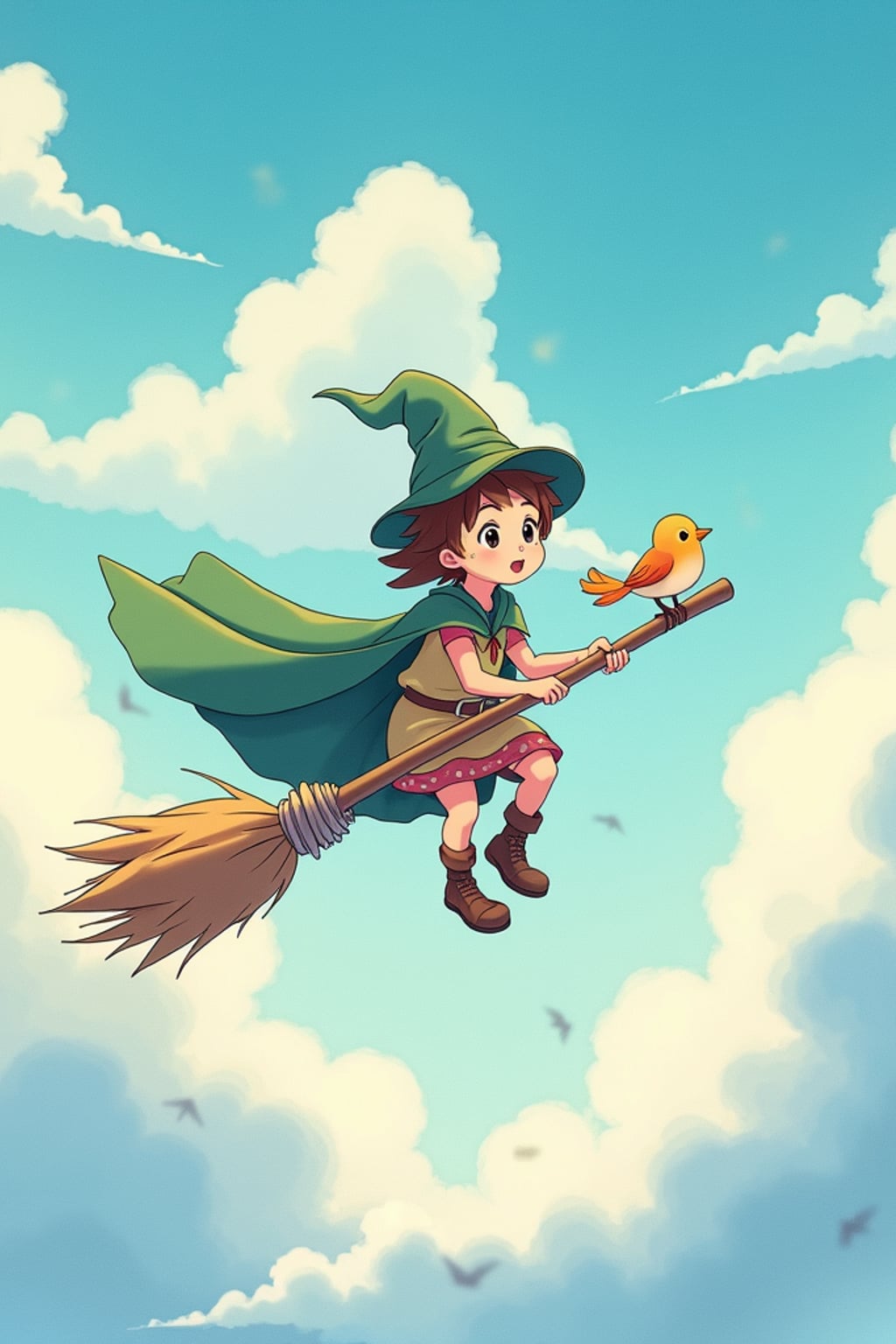 A line art anime-style anime scene of a character flying through clouds on a magical broomstick, wearing  an apprentice wizard outfit with a cape, surrounded by friendly birds. The sky is painted in soft watercolors. The style is magical like a line art anime film.