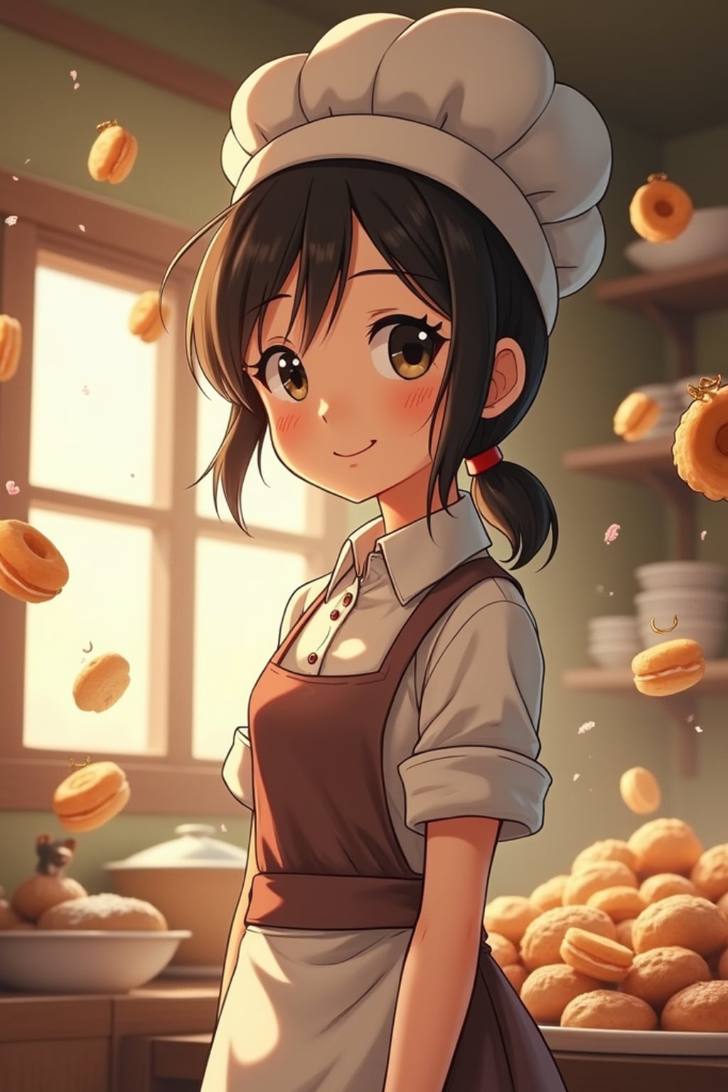 A line art anime-style anime character working in a magical bakery, wearing  a baker's uniform with rolled up sleeves. The bakery is filled with floating pastries and tiny soot sprites. The style is charming and whimsical like a line art anime film.