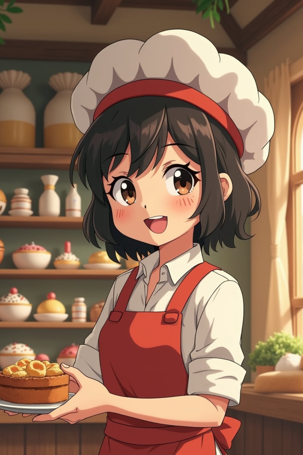 A line art anime-style anime character working in a magical bakery, wearing  a baker's uniform with rolled up sleeves. The bakery is filled with floating pastries and tiny soot sprites. The style is charming and whimsical like a line art anime film.
