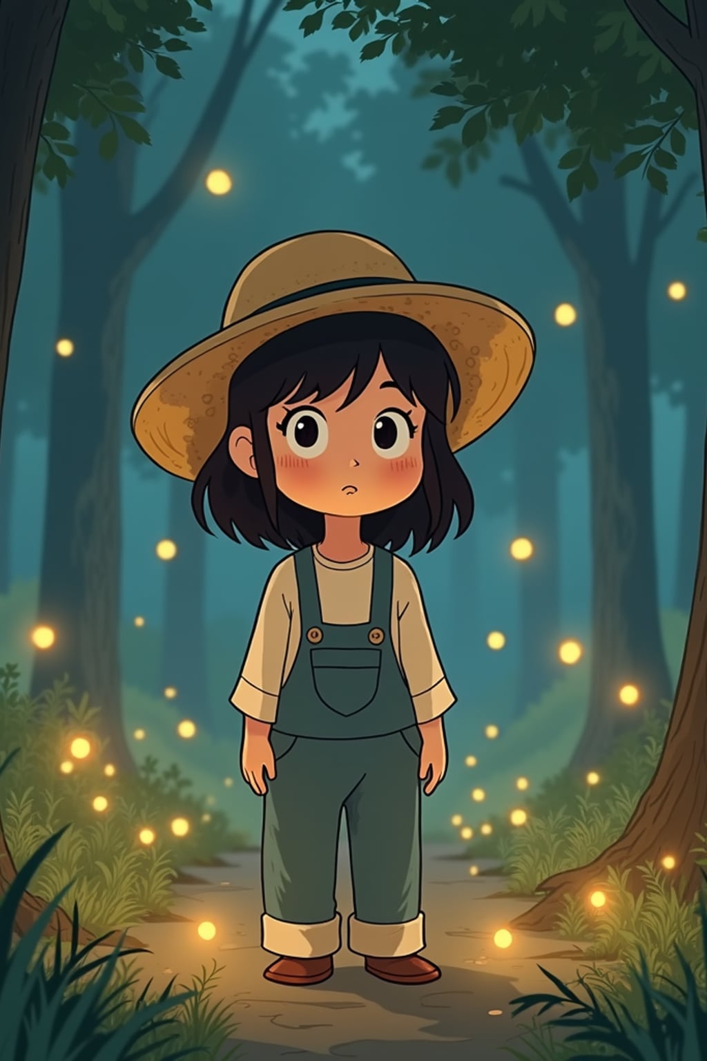 A cozy line art anime-inspired scene featuring a character in  comfortable overalls and a straw hat, surrounded by magical forest spirits and glowing fireflies. The background has a dreamy forest clearing. The style is gentle and magical like a line art anime film.