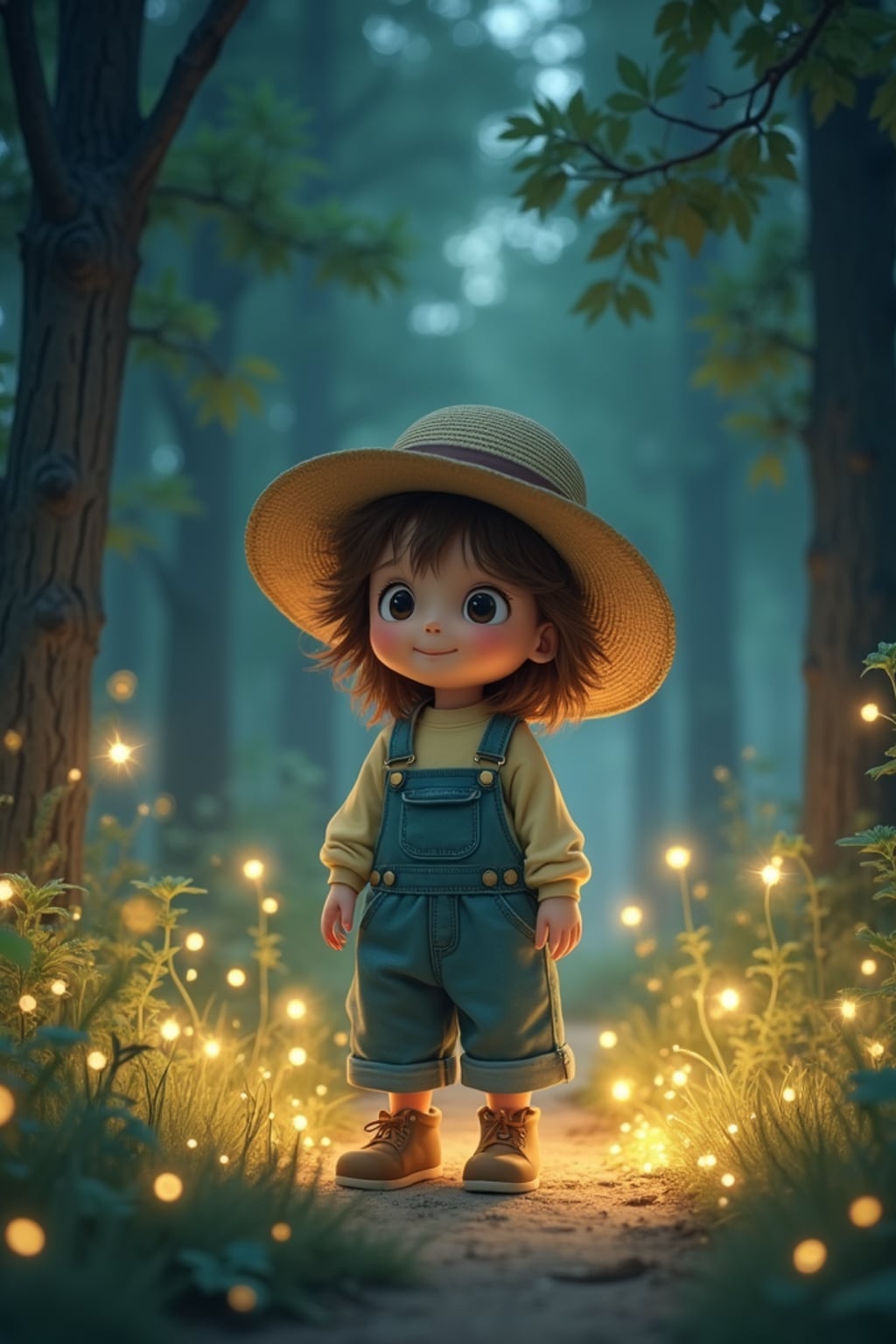 A cozy line art anime-inspired scene featuring a character in  comfortable overalls and a straw hat, surrounded by magical forest spirits and glowing fireflies. The background has a dreamy forest clearing. The style is gentle and magical like a line art anime film.