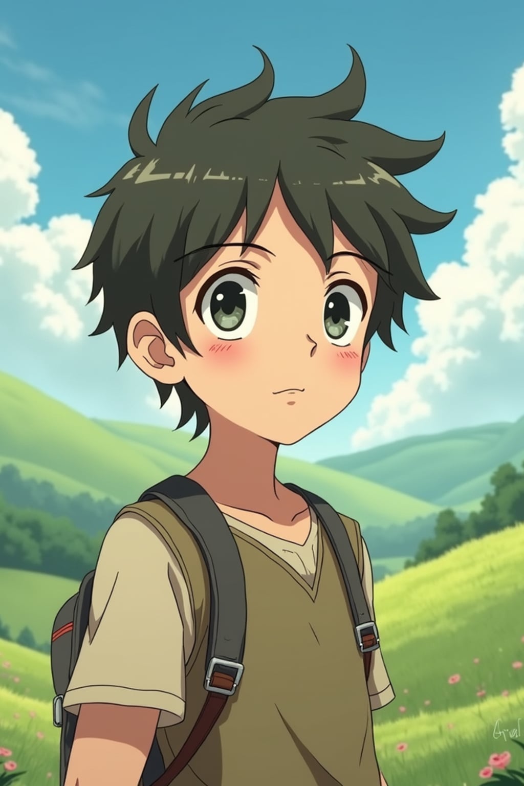 A line art anime-style anime portrait of a young adventurer, wearing  a simple but charming outfit with messy hair and kind eyes. The background shows a peaceful countryside with rolling hills and fluffy clouds. The style is soft and whimsical like a line art anime film.