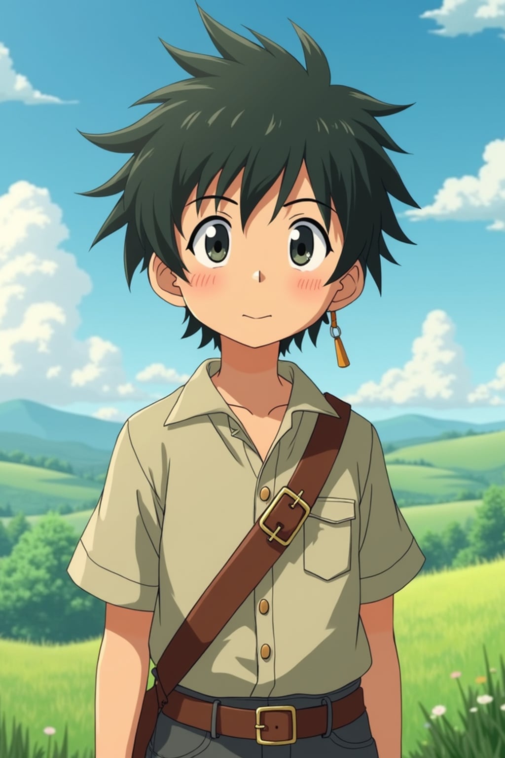 A line art anime-style anime portrait of a young adventurer, wearing  a simple but charming outfit with messy hair and kind eyes. The background shows a peaceful countryside with rolling hills and fluffy clouds. The style is soft and whimsical like a line art anime film.