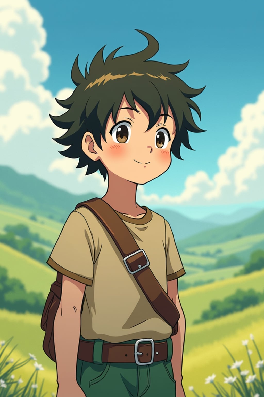 A line art anime-style anime portrait of a young adventurer, wearing  a simple but charming outfit with messy hair and kind eyes. The background shows a peaceful countryside with rolling hills and fluffy clouds. The style is soft and whimsical like a line art anime film.