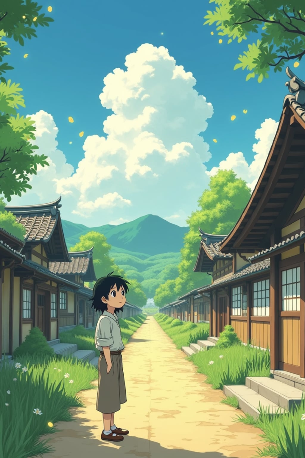 A serene line art anime-style anime scene in a Japanese countryside. The path winds between traditional wooden houses and rice fields, with fluffy white clouds drifting overhead. Magical dust spirits dance in the warm sunlight that filters through the trees. In the foreground, a gentle character stands thoughtfully, wearing  light countryside clothes with rolled-up sleeves. The character has a kind expression, watching the spirits play. The scene captures the peaceful magic of everyday life, painted in soft, warm colors typical of Studio line art anime.