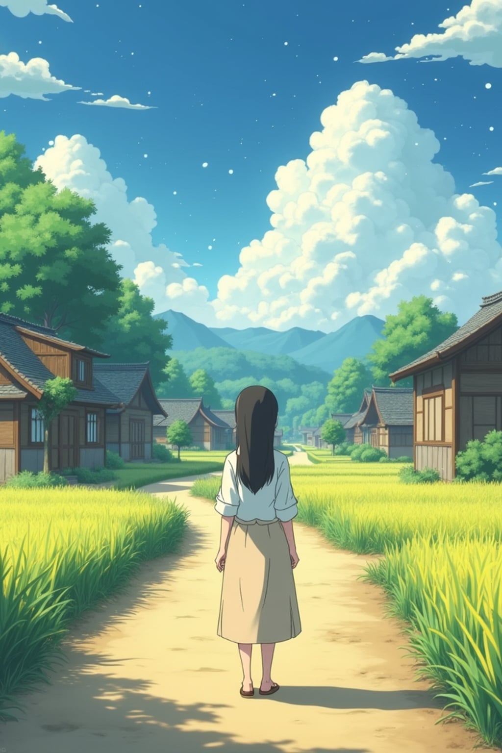 A serene line art anime-style anime scene in a Japanese countryside. The path winds between traditional wooden houses and rice fields, with fluffy white clouds drifting overhead. Magical dust spirits dance in the warm sunlight that filters through the trees. In the foreground, a gentle character stands thoughtfully, wearing  light countryside clothes with rolled-up sleeves. The character has a kind expression, watching the spirits play. The scene captures the peaceful magic of everyday life, painted in soft, warm colors typical of Studio line art anime.