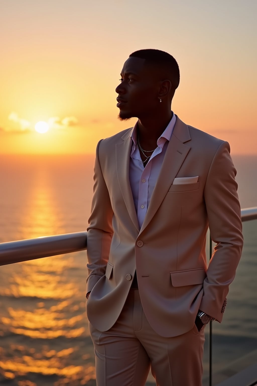 man in  smart resort wear at rooftop bar with panoramic sunset view over ocean