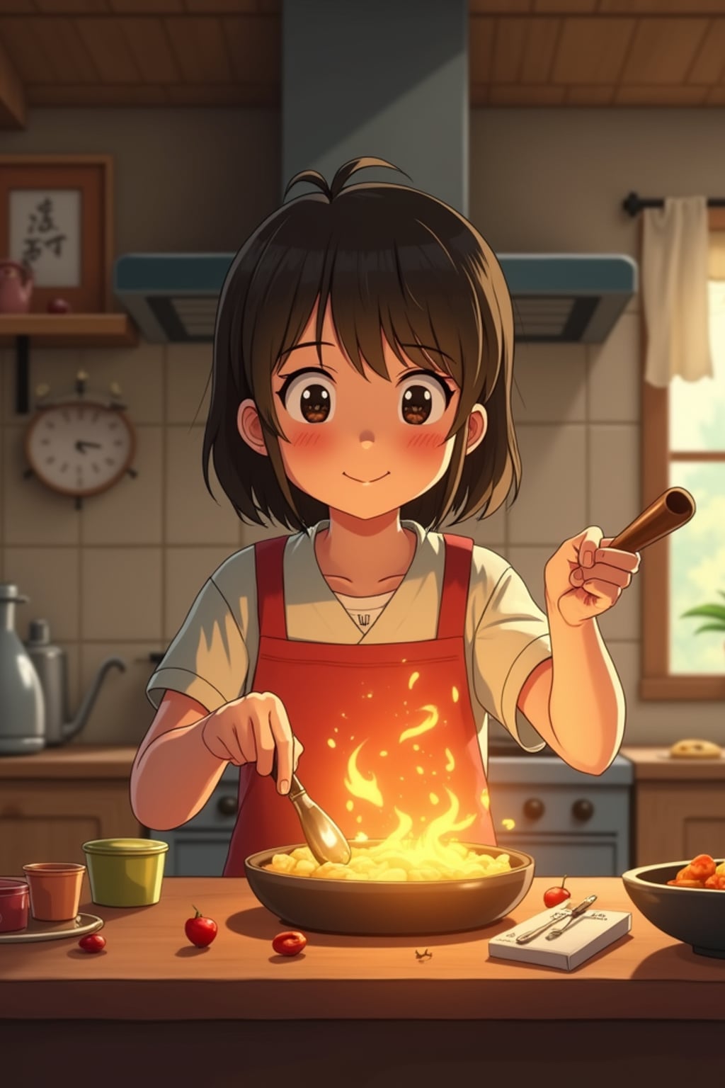 A heartwarming line art anime-inspired portrait in a cozy kitchen, wearing  comfortable home clothes, cooking magical food that glows and floats. The kitchen is filled with animated cooking tools and helpful spirits. The style is warm like a line art anime film.