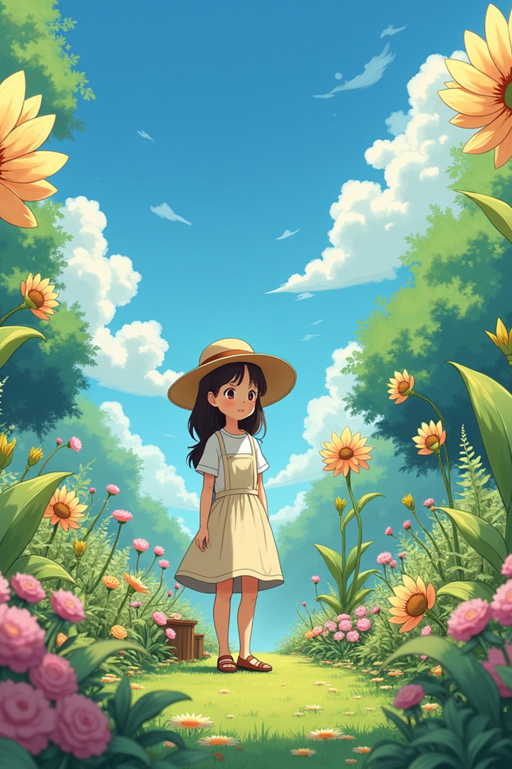 A line art anime-style anime scene in a magical garden, the character wearing  light gardening clothes with a sunhat, surrounded by giant flowers and tiny garden spirits. The garden feels alive with magic. The style is peaceful like a line art anime film.