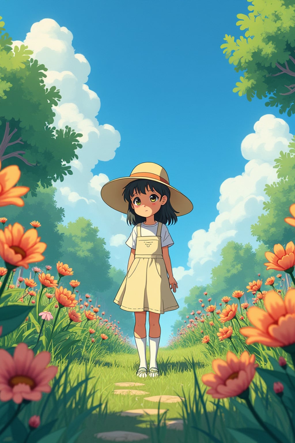 A line art anime-style anime scene in a magical garden, the character wearing  light gardening clothes with a sunhat, surrounded by giant flowers and tiny garden spirits. The garden feels alive with magic. The style is peaceful like a line art anime film.