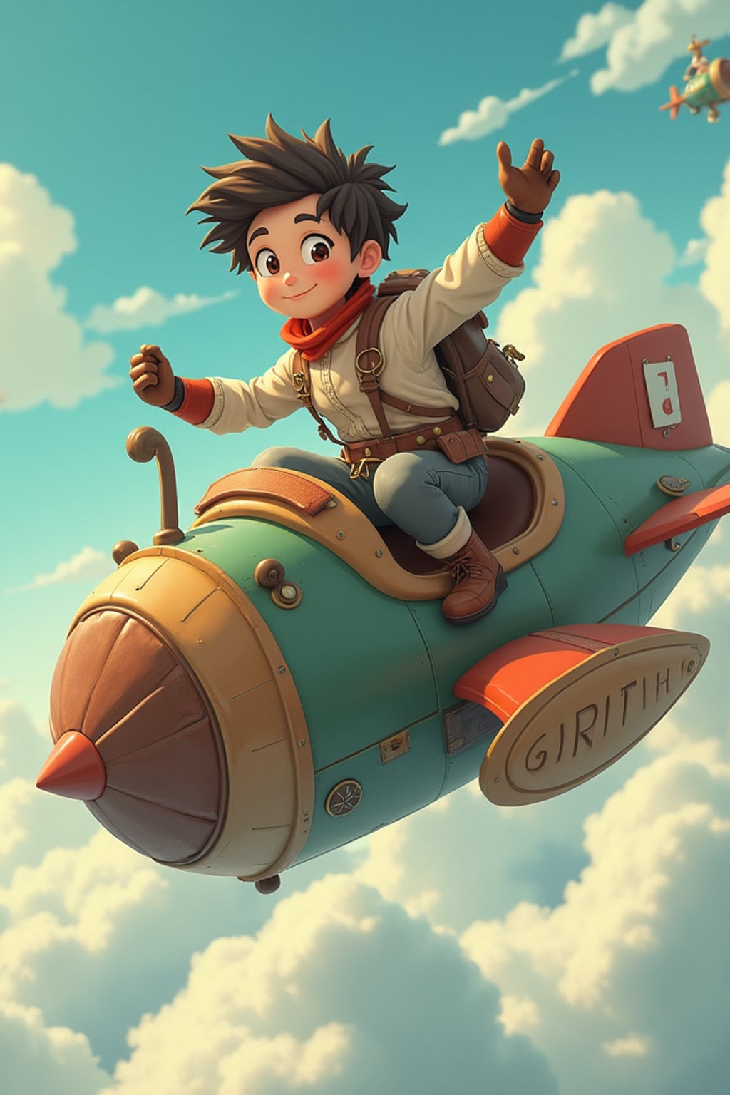 A gentle line art anime-inspired portrait aboard a flying machine, the character wearing  an inventor's outfit with leather gloves, soaring through clouds. The sky is filled with fantastic flying contraptions. The style is adventurous like a line art anime film.