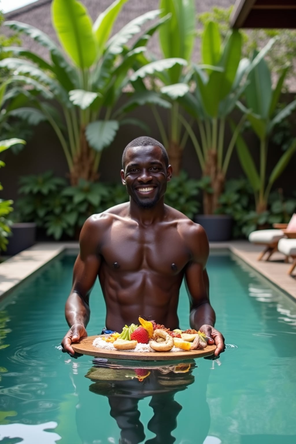 man in  swim shorts in modern Canggu villa with floating breakfast in private pool, surrounded by tropical gardens