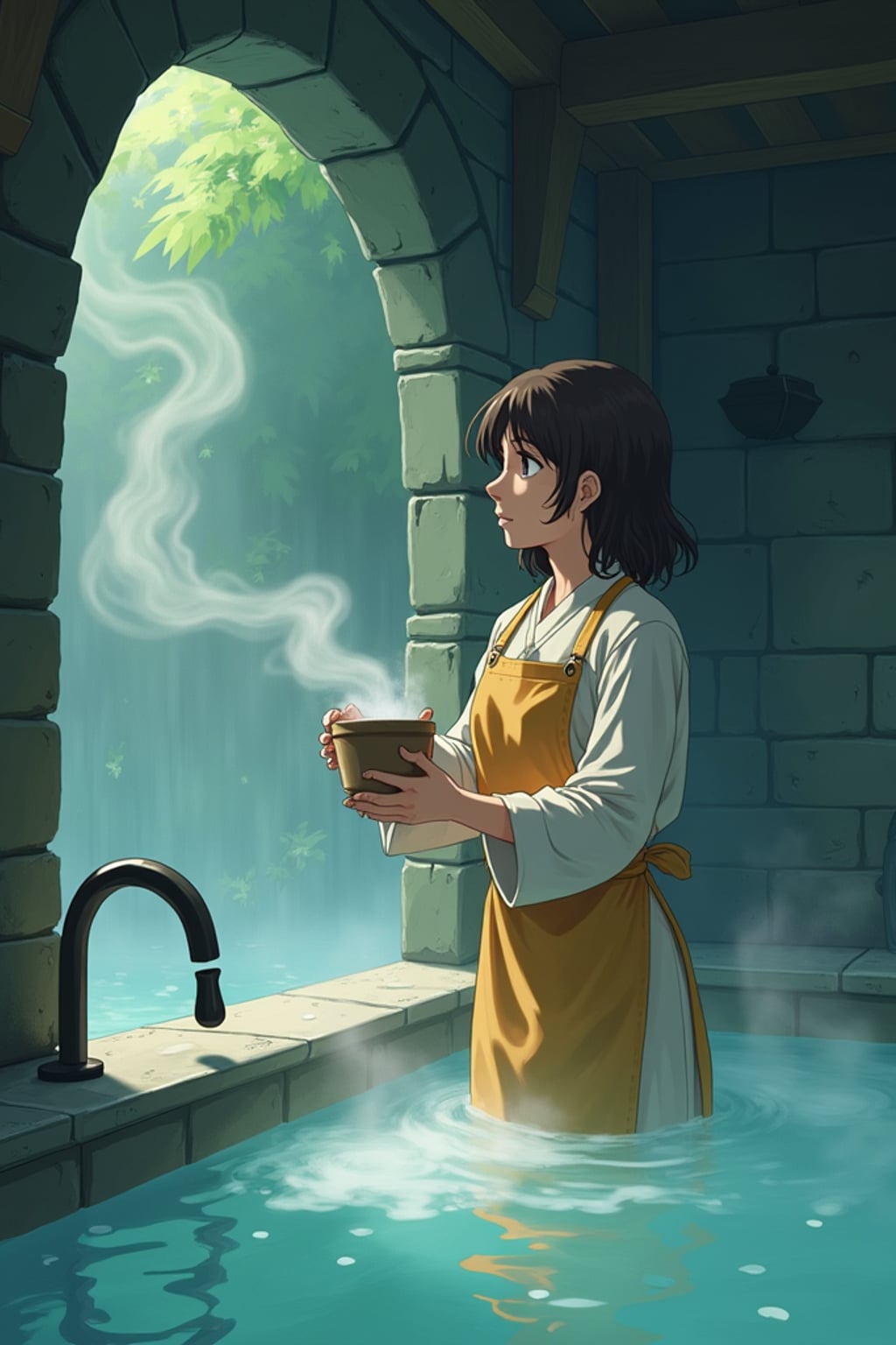 A line art anime-style anime scene at a mystical bathhouse, the character wearing  simple bathhouse worker clothes, helping spirit customers. Steam and magic fill the air. The style is enchanting like a line art anime film.