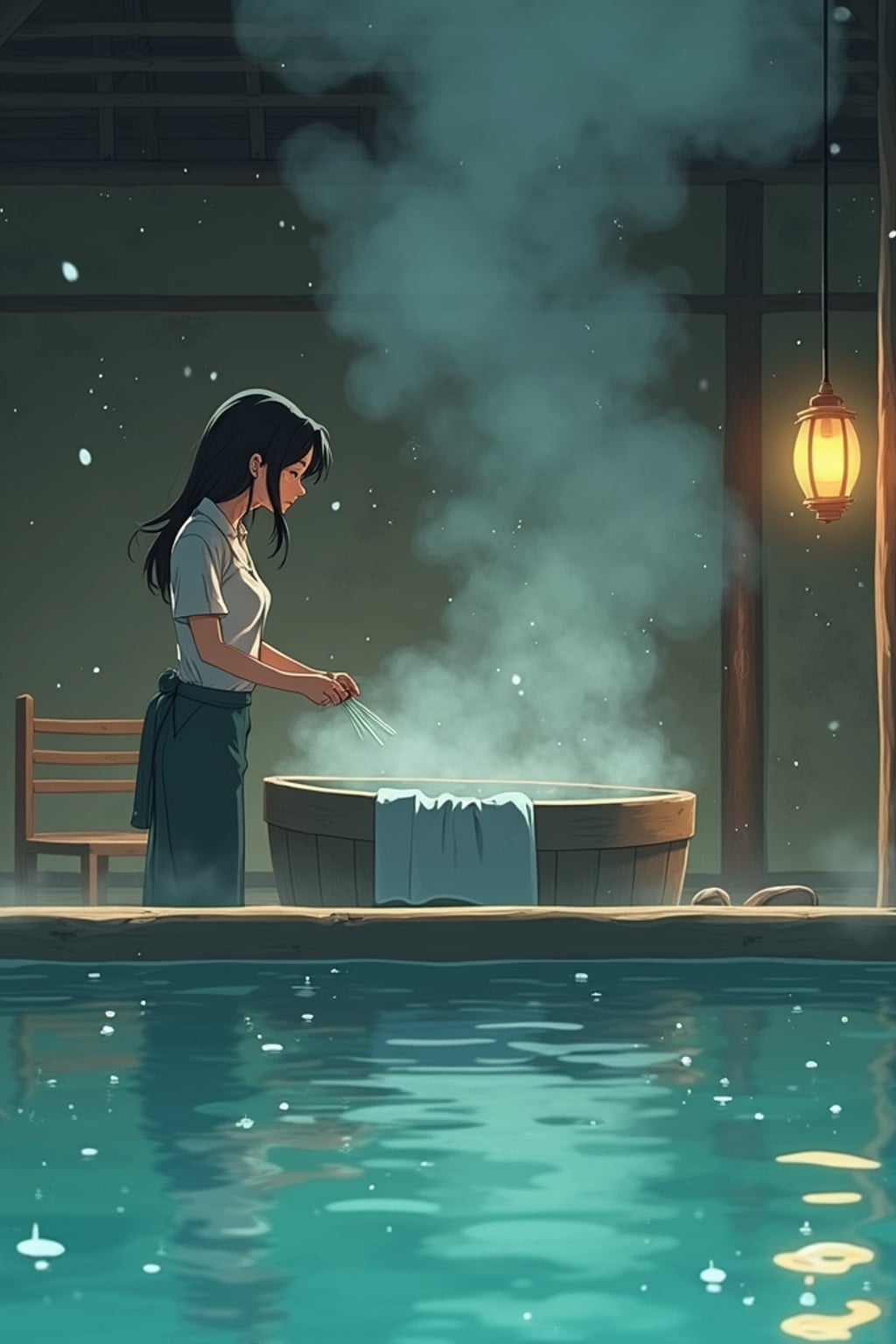 A line art anime-style anime scene at a mystical bathhouse, the character wearing  simple bathhouse worker clothes, helping spirit customers. Steam and magic fill the air. The style is enchanting like a line art anime film.