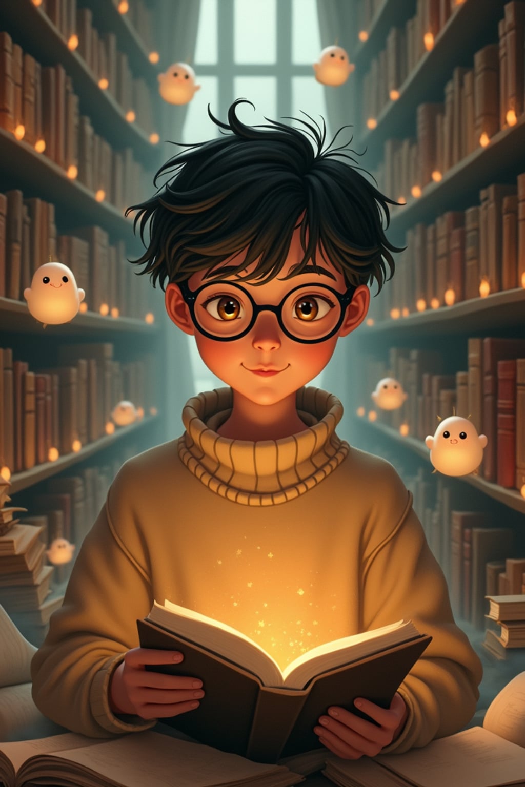 A cozy line art anime-inspired portrait in a magical library, the character wearing  a comfortable sweater and reading glasses, surrounded by floating books and dust spirits. The library has endless shelves and warm lighting. The style is warm like a line art anime film.