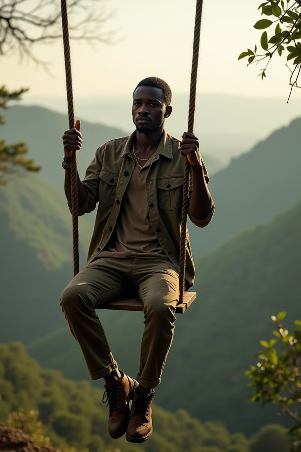 man in  smart casual outfit at jungle swing with vast valley view, dramatic lighting