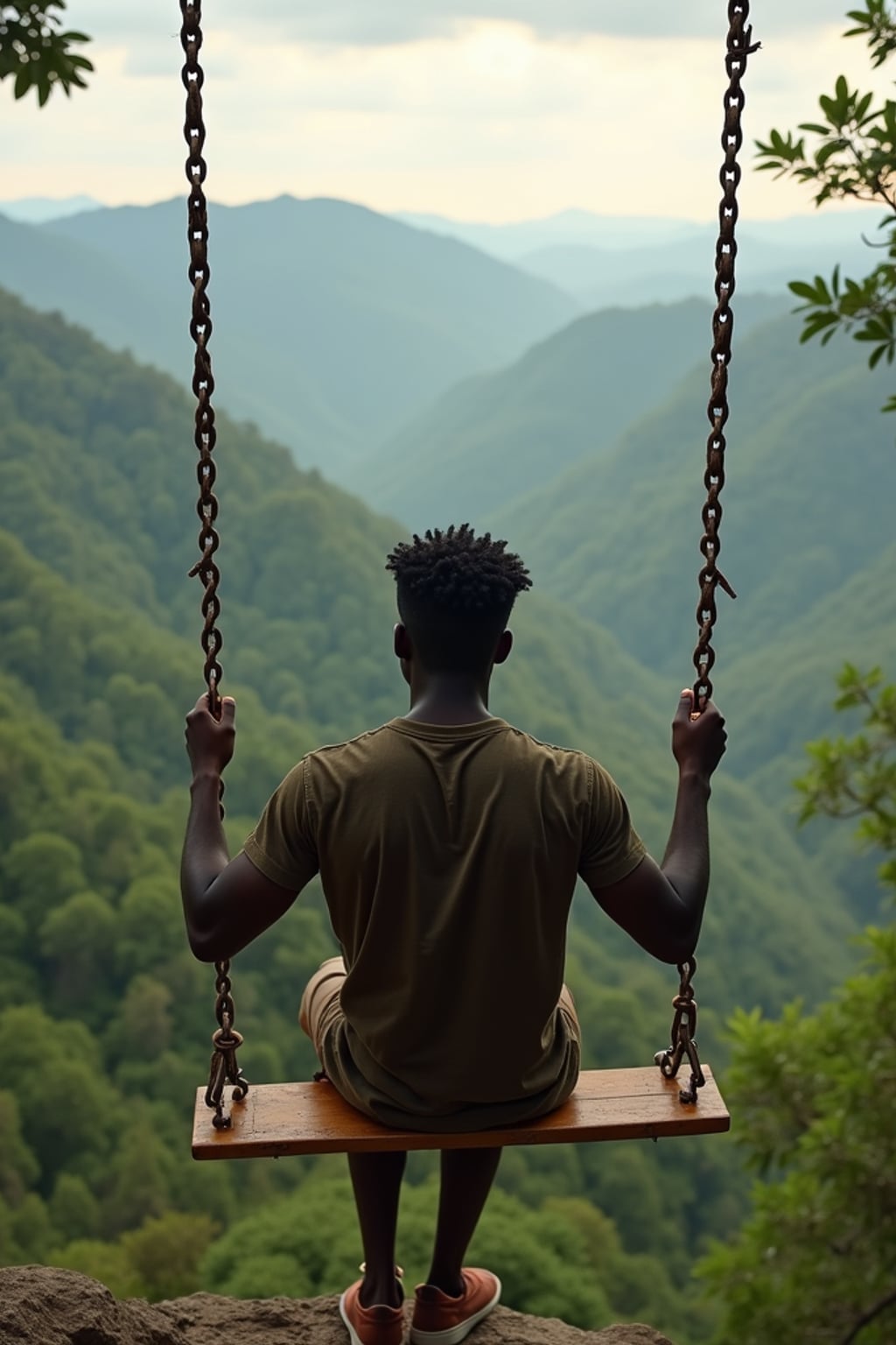 man in  smart casual outfit at jungle swing with vast valley view, dramatic lighting