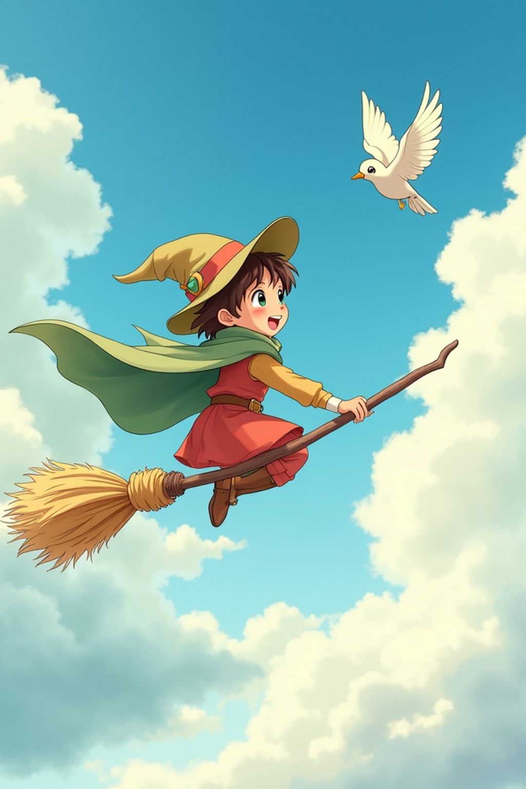 A line art anime-style anime scene of a character flying through clouds on a magical broomstick, wearing  an apprentice wizard outfit with a cape, surrounded by friendly birds. The sky is painted in soft watercolors. The style is magical like a line art anime film.