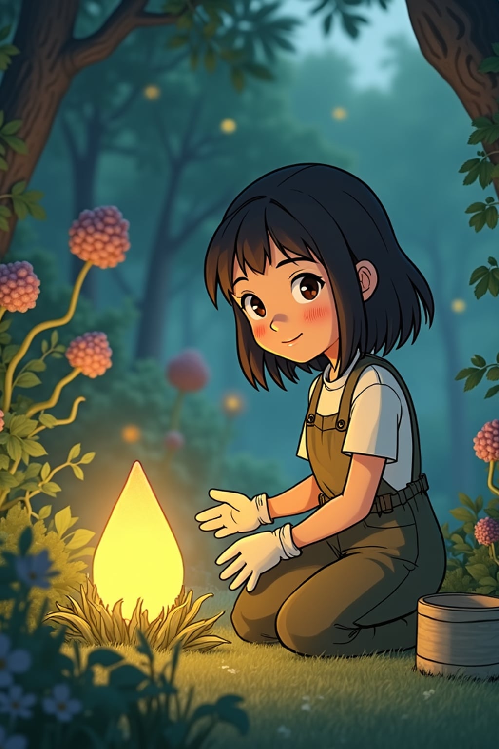 A peaceful line art anime-inspired portrait near a magical garden, the character wearing  simple work clothes with garden gloves, tending to mysterious glowing plants. The garden is filled with strange and wonderful creatures. The style is gentle like a line art anime film.