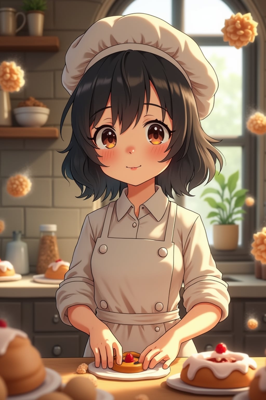 A line art anime-style anime character working in a magical bakery, wearing  a baker's uniform with rolled up sleeves. The bakery is filled with floating pastries and tiny soot sprites. The style is charming and whimsical like a line art anime film.
