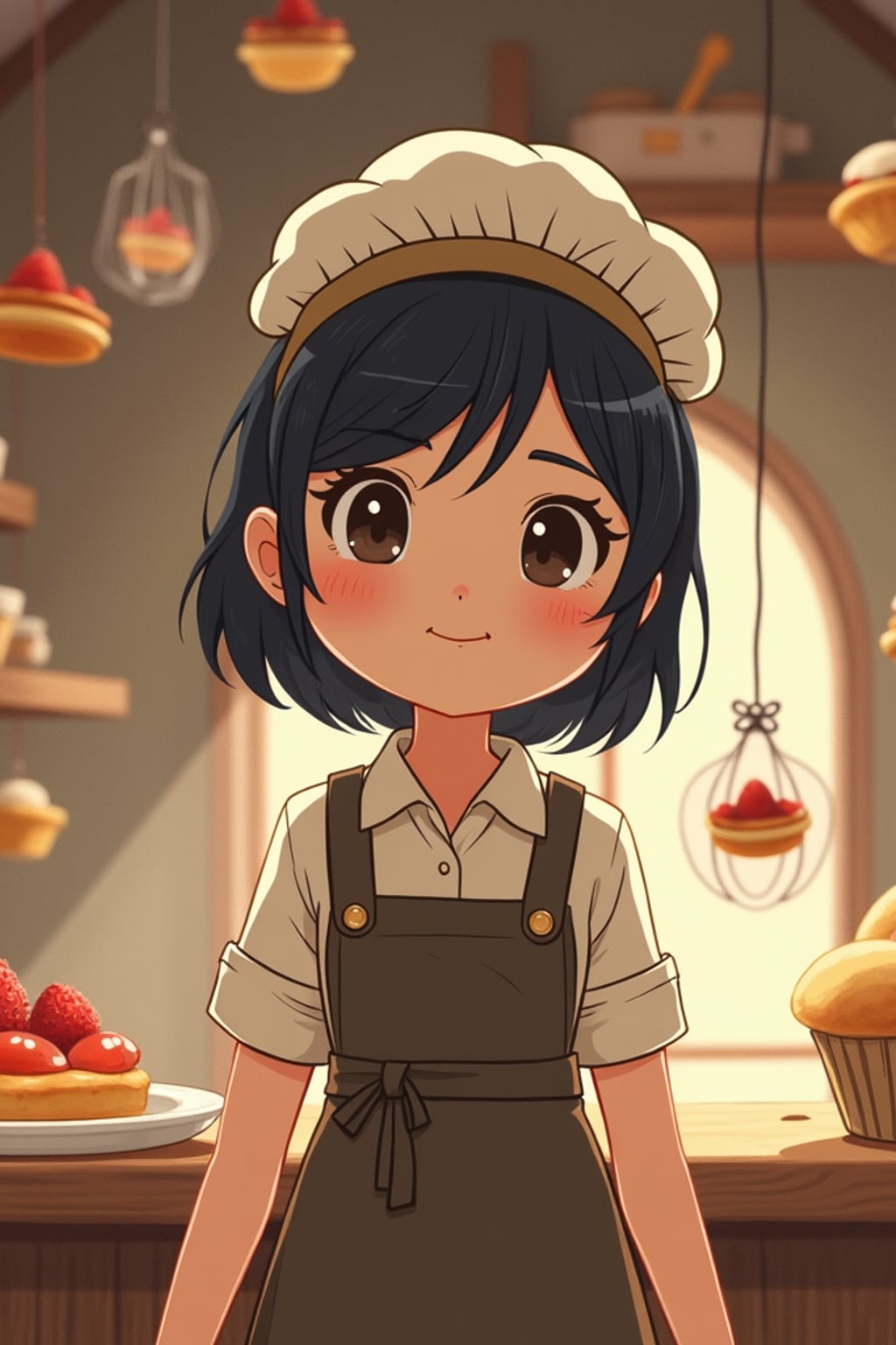 A line art anime-style anime character working in a magical bakery, wearing  a baker's uniform with rolled up sleeves. The bakery is filled with floating pastries and tiny soot sprites. The style is charming and whimsical like a line art anime film.