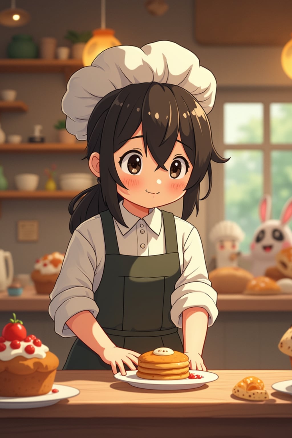 A line art anime-style anime character working in a magical bakery, wearing  a baker's uniform with rolled up sleeves. The bakery is filled with floating pastries and tiny soot sprites. The style is charming and whimsical like a line art anime film.