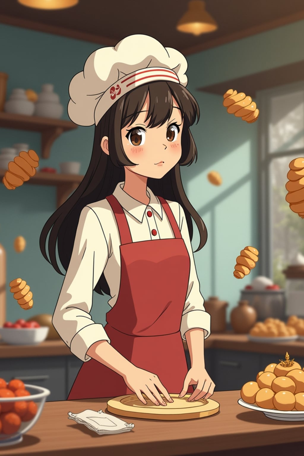 A line art anime-style anime character working in a magical bakery, wearing  a baker's uniform with rolled up sleeves. The bakery is filled with floating pastries and tiny soot sprites. The style is charming and whimsical like a line art anime film.