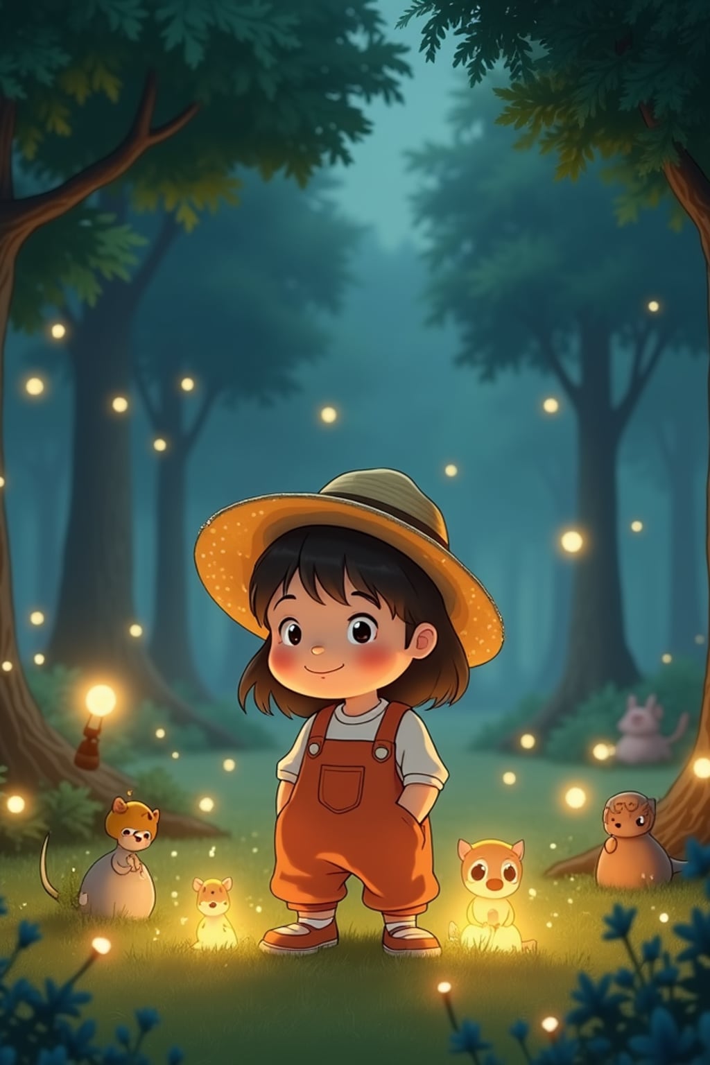 A cozy line art anime-inspired scene featuring a character in  comfortable overalls and a straw hat, surrounded by magical forest spirits and glowing fireflies. The background has a dreamy forest clearing. The style is gentle and magical like a line art anime film.