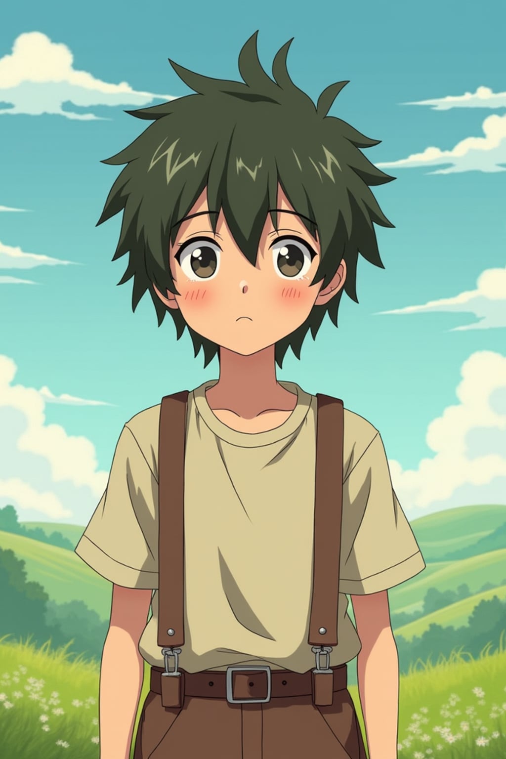 A line art anime-style anime portrait of a young adventurer, wearing  a simple but charming outfit with messy hair and kind eyes. The background shows a peaceful countryside with rolling hills and fluffy clouds. The style is soft and whimsical like a line art anime film.
