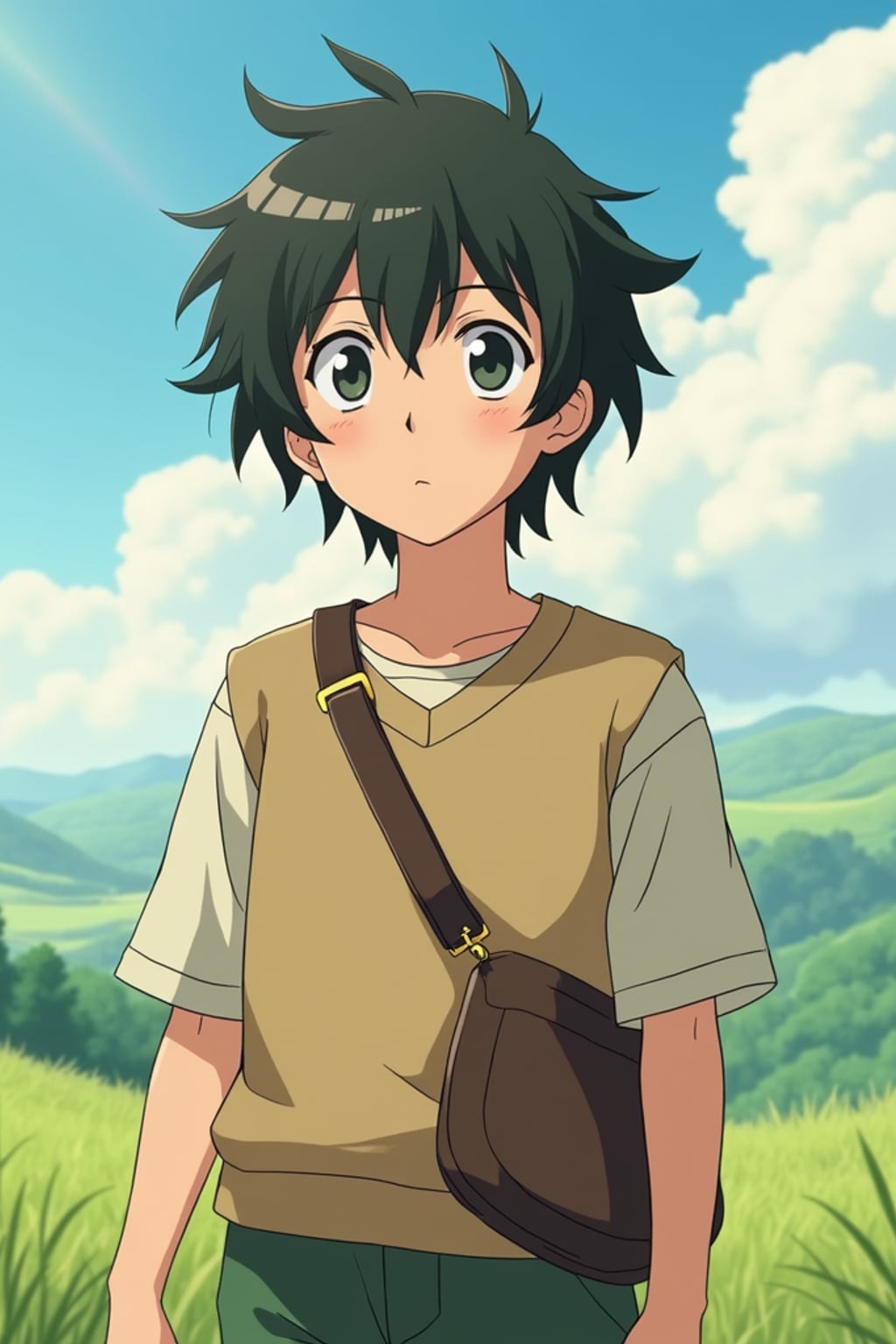 A line art anime-style anime portrait of a young adventurer, wearing  a simple but charming outfit with messy hair and kind eyes. The background shows a peaceful countryside with rolling hills and fluffy clouds. The style is soft and whimsical like a line art anime film.