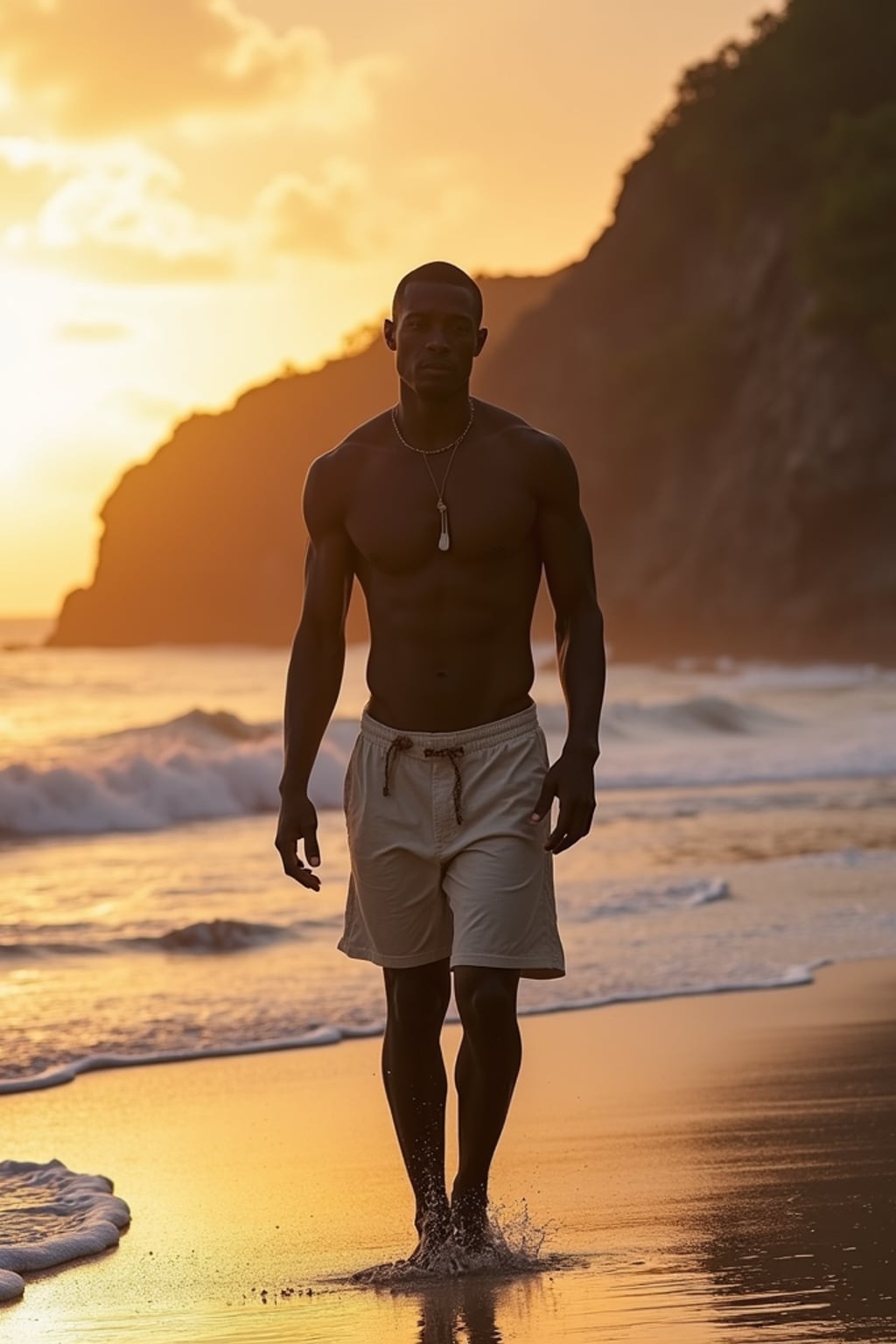 man in  casual beach attire walking along pristine beach in Uluwatu at sunset, dramatic cliffs in background
