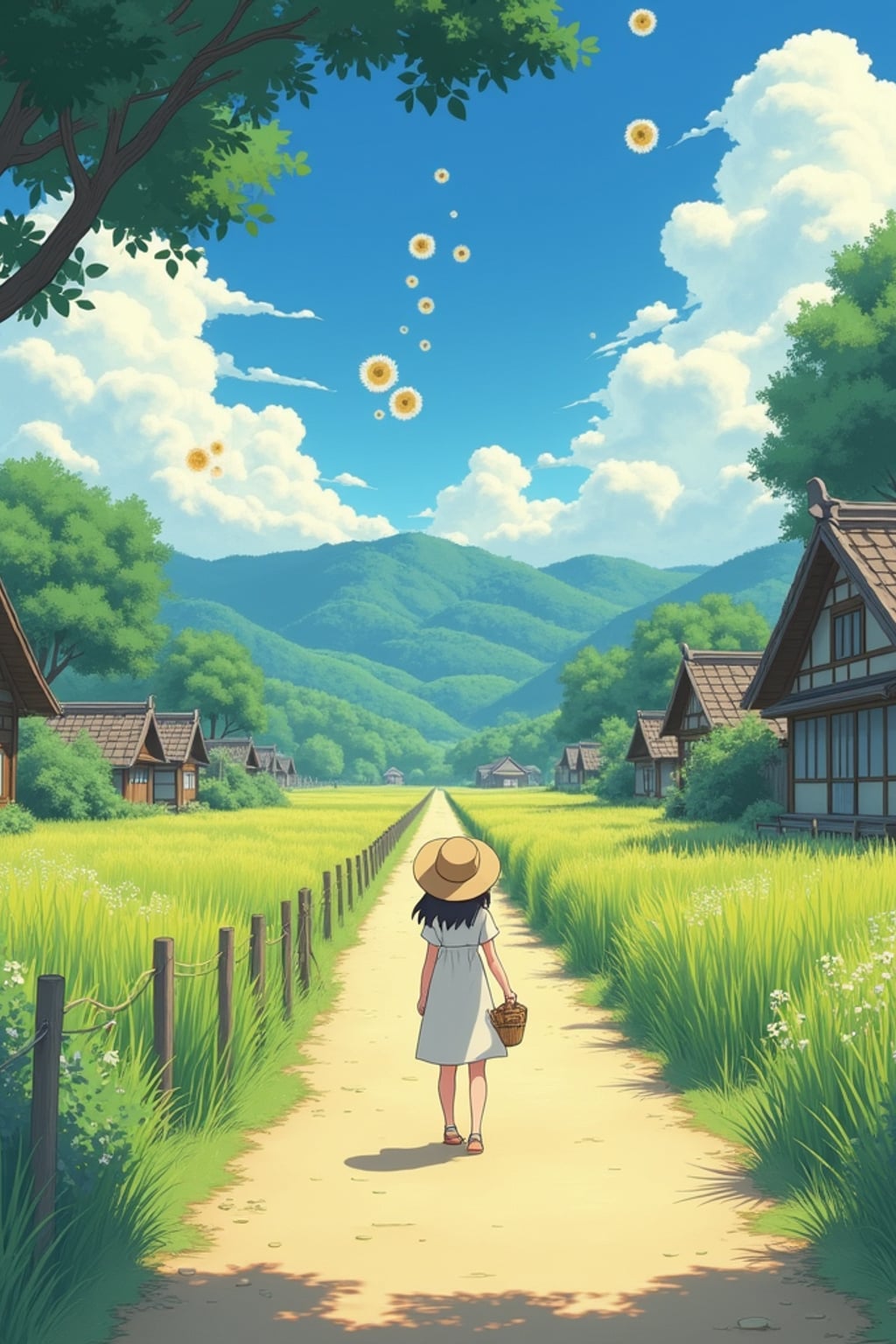 A serene line art anime-style anime scene in a Japanese countryside. The path winds between traditional wooden houses and rice fields, with fluffy white clouds drifting overhead. Magical dust spirits dance in the warm sunlight that filters through the trees. In the foreground, a gentle character stands thoughtfully, wearing a simple summer dress with a straw hat and carrying a basket . The character has a kind expression, watching the spirits play. The scene captures the peaceful magic of everyday life, painted in soft, warm colors typical of Studio line art anime.