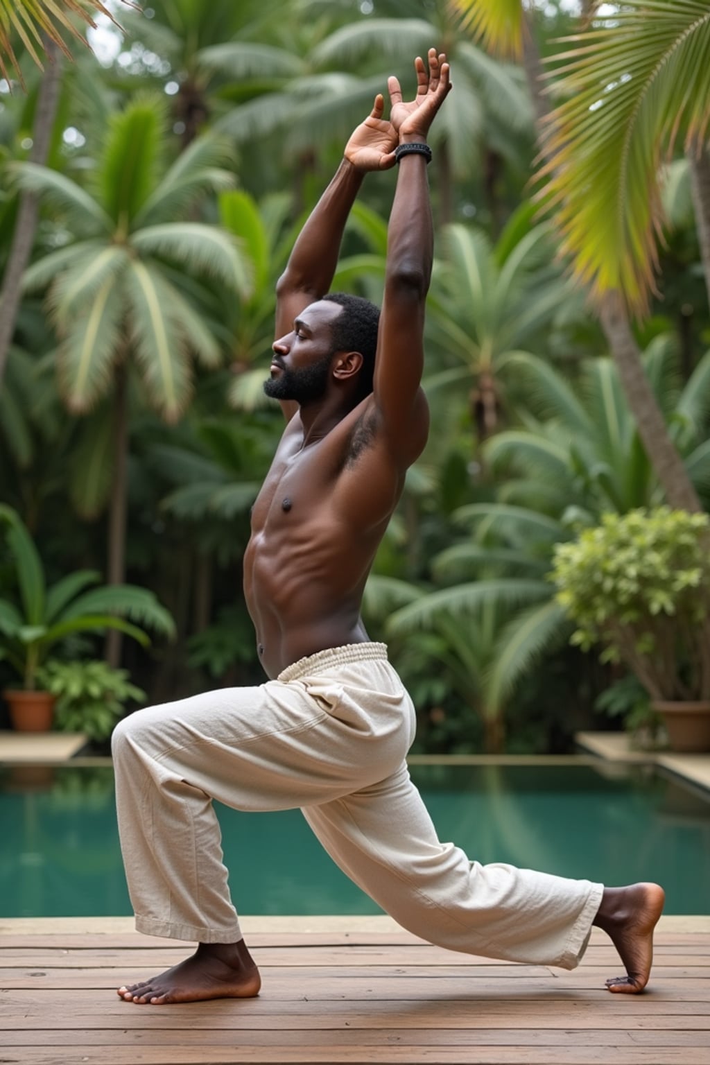 man in  light linen outfit doing yoga pose on wooden deck of jungle villa, surrounded by tropical foliage