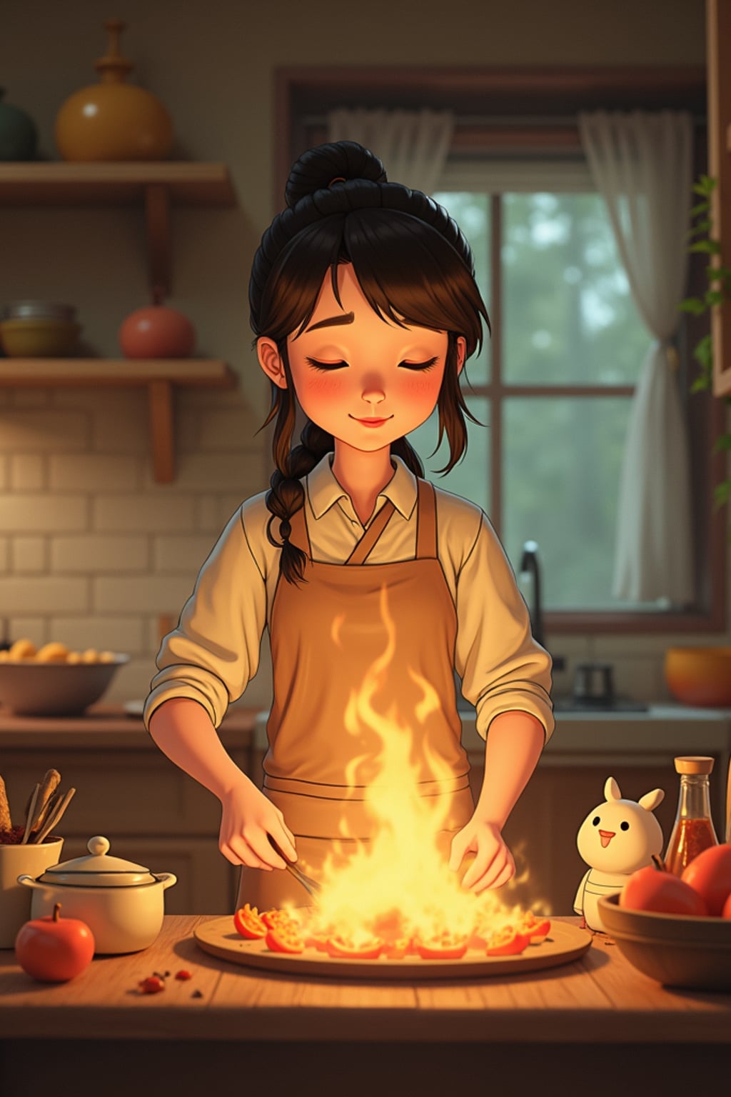 A heartwarming line art anime-inspired portrait in a cozy kitchen, wearing a homey dress with an apron , cooking magical food that glows and floats. The kitchen is filled with animated cooking tools and helpful spirits. The style is warm like a line art anime film.