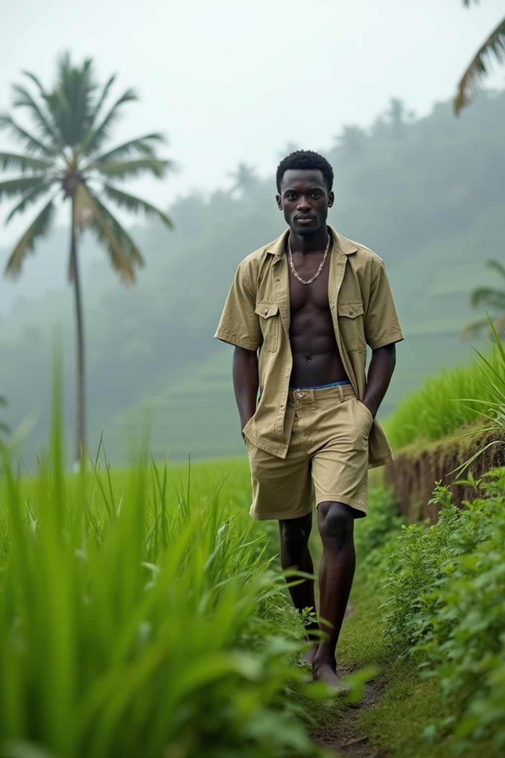 man in  casual resort wear walking through terraced rice fields in Tegalalang, morning mist and palm trees in background