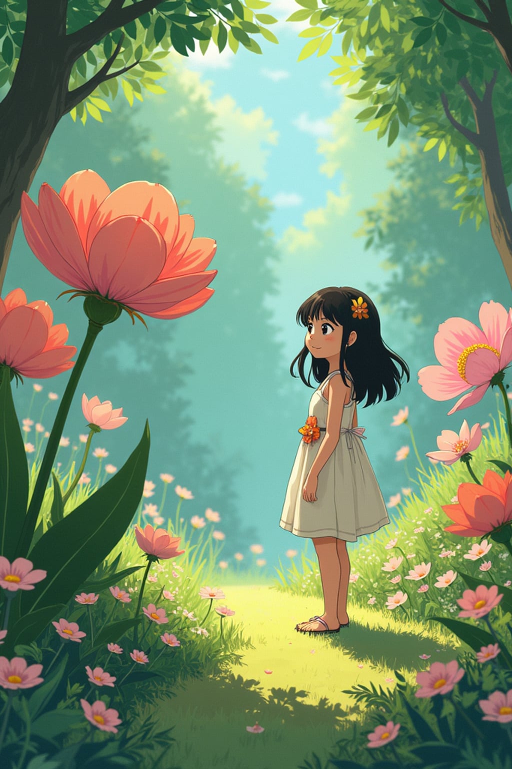 A line art anime-style anime scene in a magical garden, the character wearing a simple sundress with flower decorations , surrounded by giant flowers and tiny garden spirits. The garden feels alive with magic. The style is peaceful like a line art anime film.