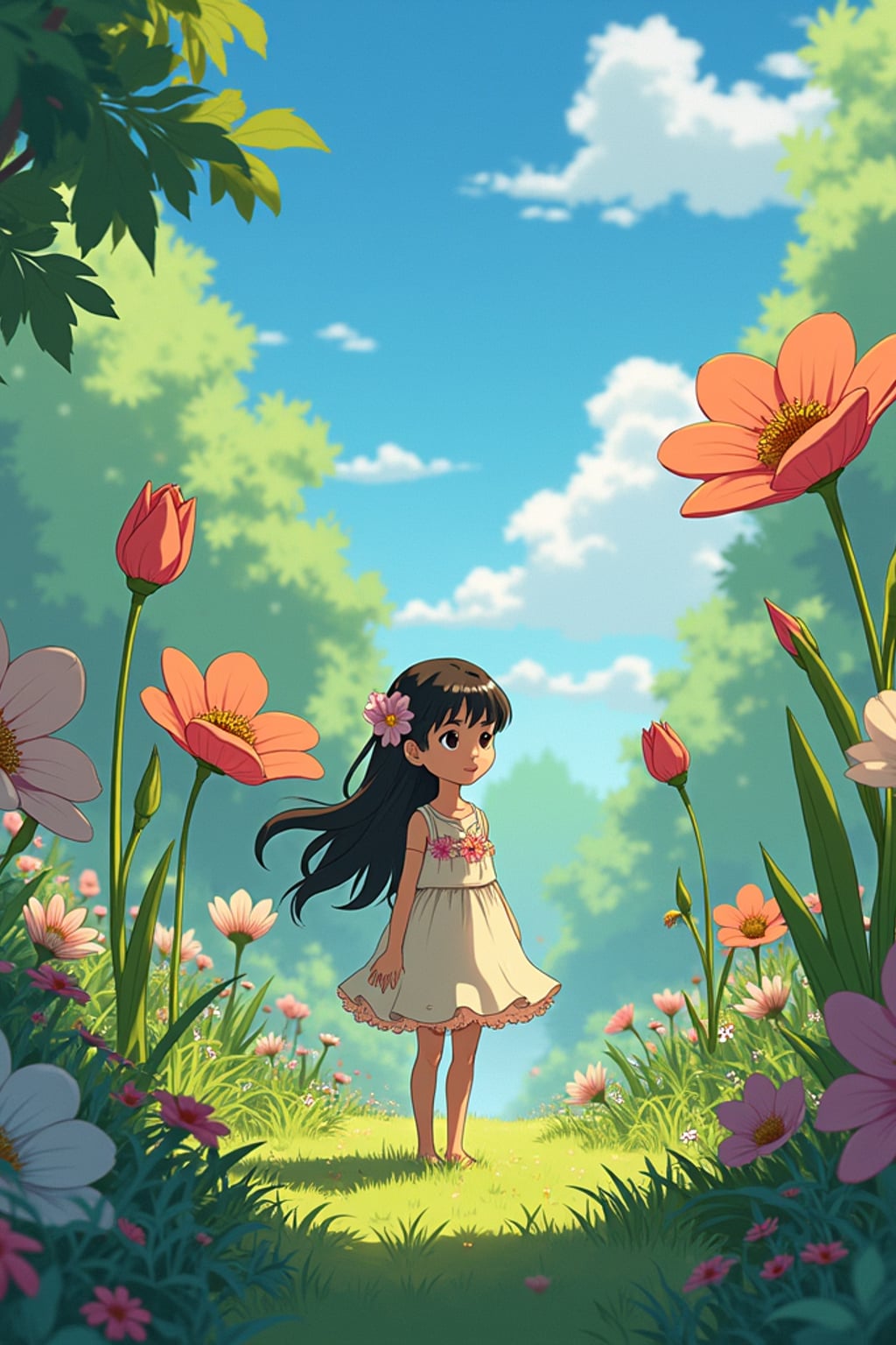 A line art anime-style anime scene in a magical garden, the character wearing a simple sundress with flower decorations , surrounded by giant flowers and tiny garden spirits. The garden feels alive with magic. The style is peaceful like a line art anime film.