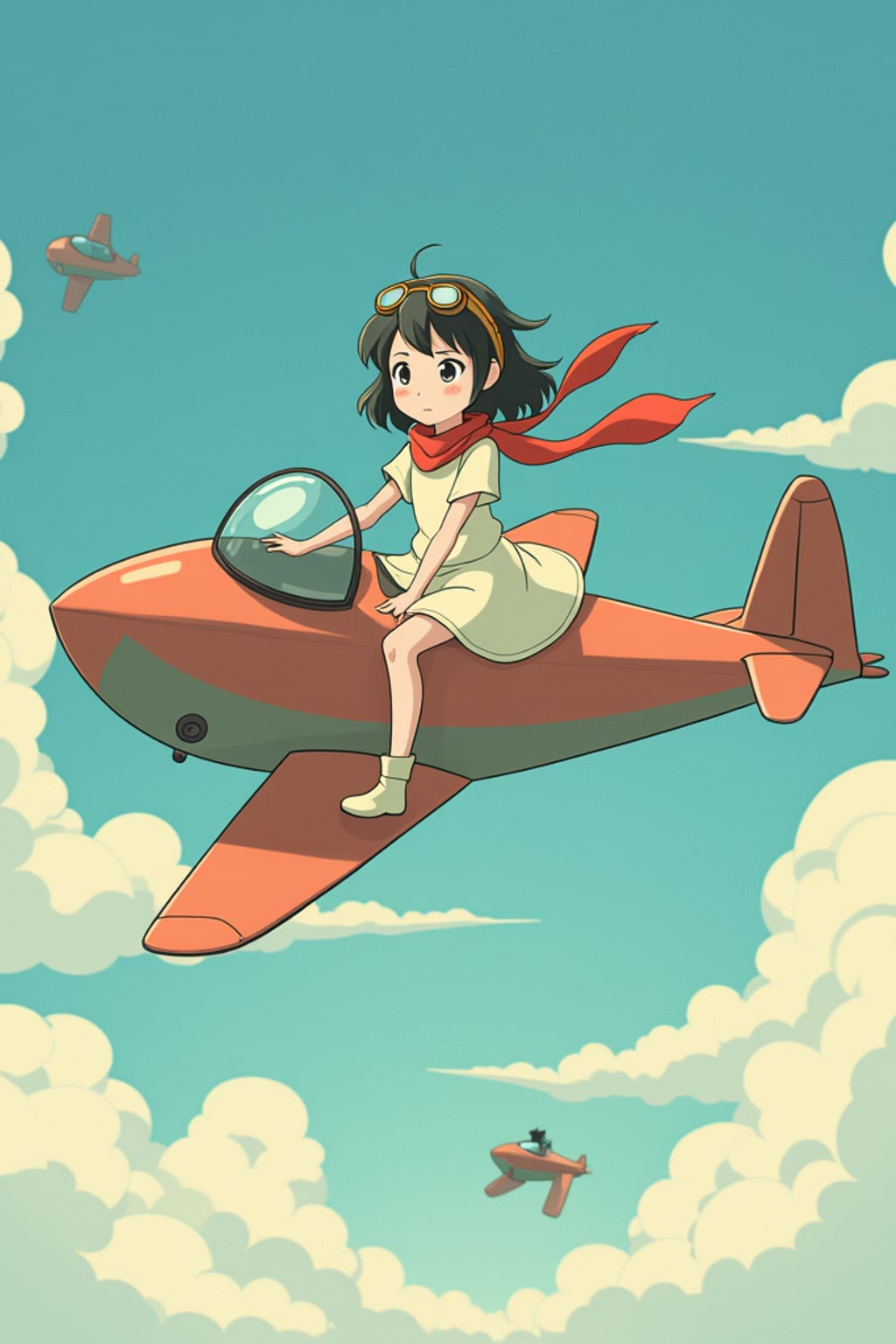 A gentle line art anime-inspired portrait aboard a flying machine, the character wearing a simple dress with goggles and a scarf , soaring through clouds. The sky is filled with fantastic flying contraptions. The style is adventurous like a line art anime film.