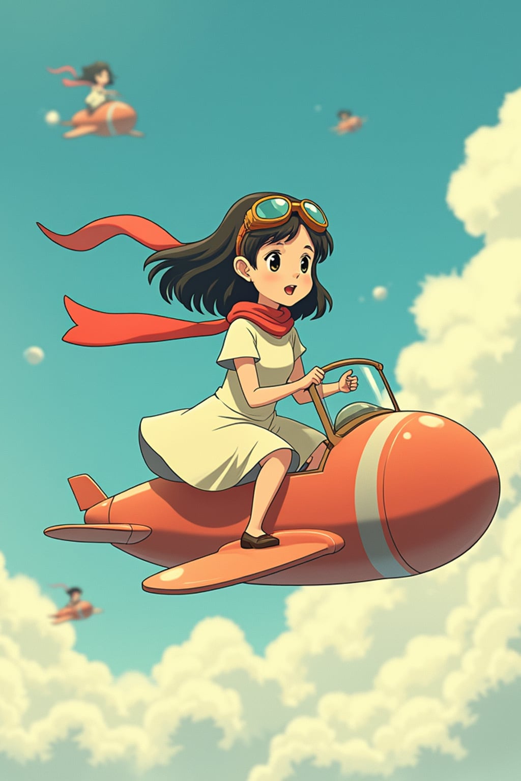 A gentle line art anime-inspired portrait aboard a flying machine, the character wearing a simple dress with goggles and a scarf , soaring through clouds. The sky is filled with fantastic flying contraptions. The style is adventurous like a line art anime film.