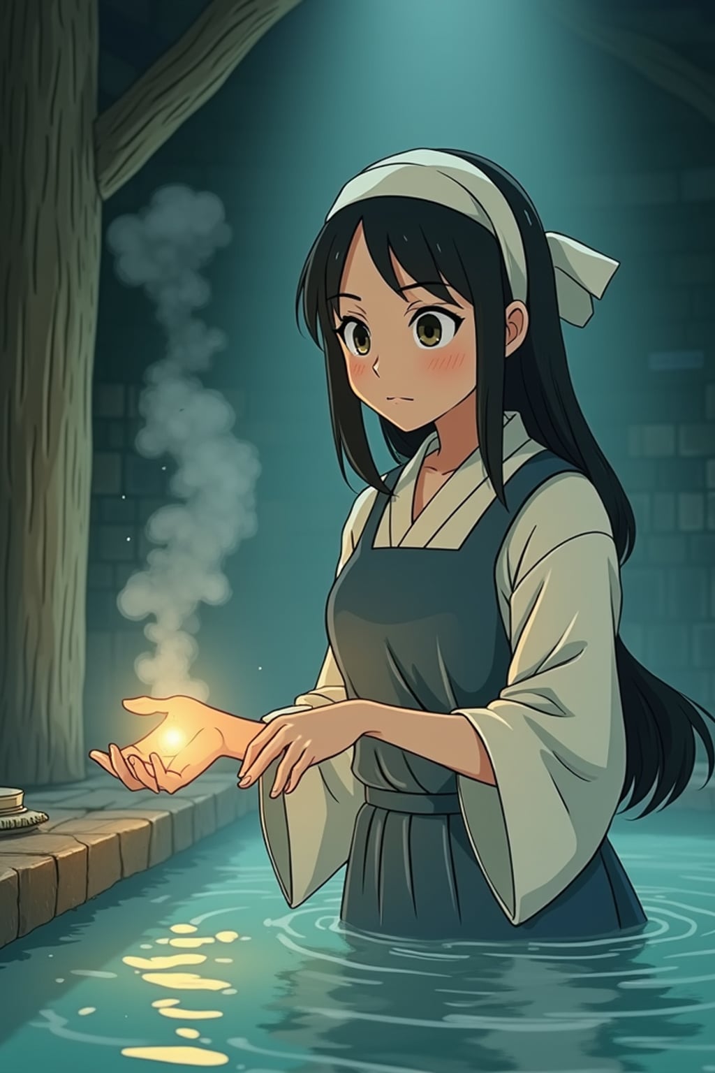 A line art anime-style anime scene at a mystical bathhouse, the character wearing a traditional worker's uniform with a cloth headband , helping spirit customers. Steam and magic fill the air. The style is enchanting like a line art anime film.