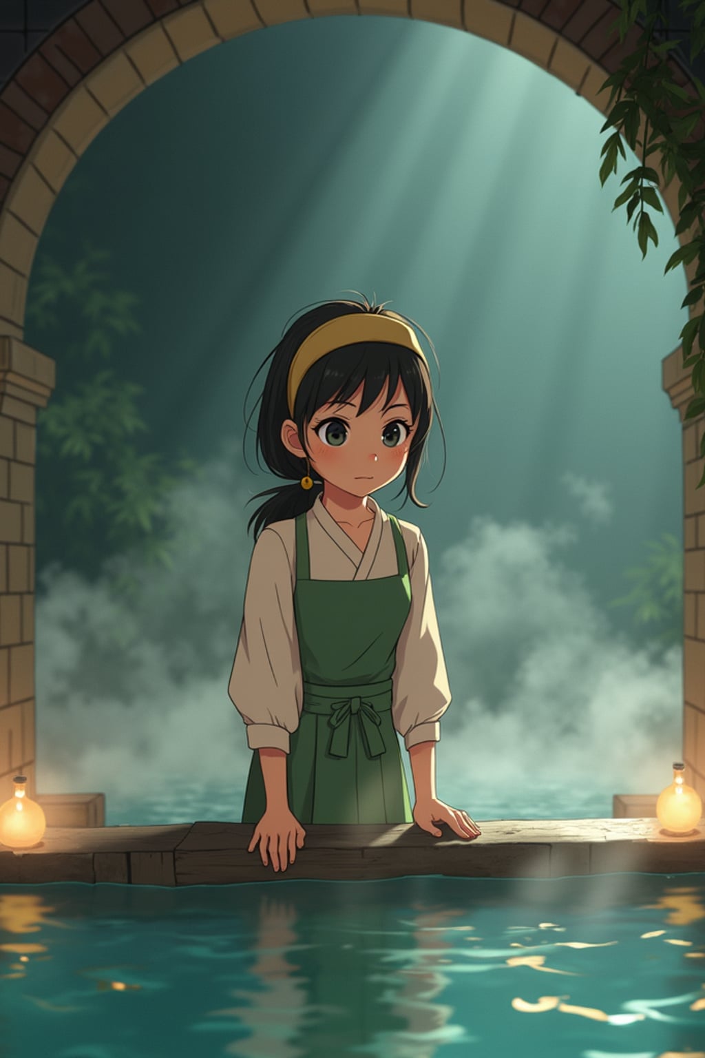 A line art anime-style anime scene at a mystical bathhouse, the character wearing a traditional worker's uniform with a cloth headband , helping spirit customers. Steam and magic fill the air. The style is enchanting like a line art anime film.