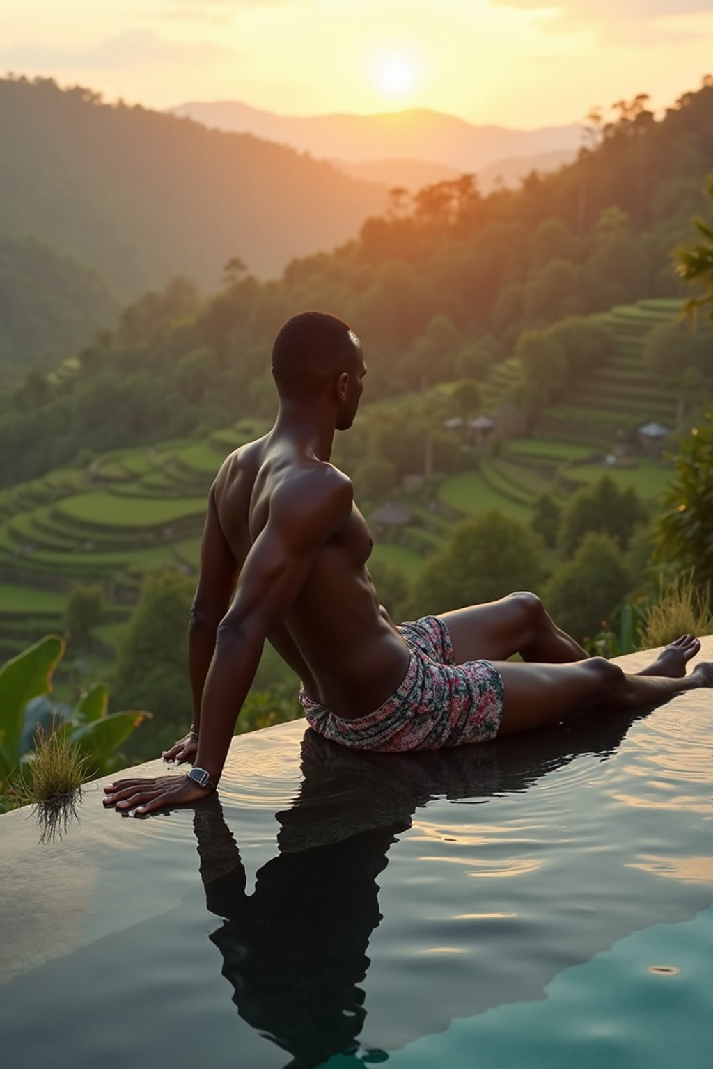man in  swim shorts lounging on edge of infinity pool overlooking jungle and rice terraces in Ubud, golden hour lighting